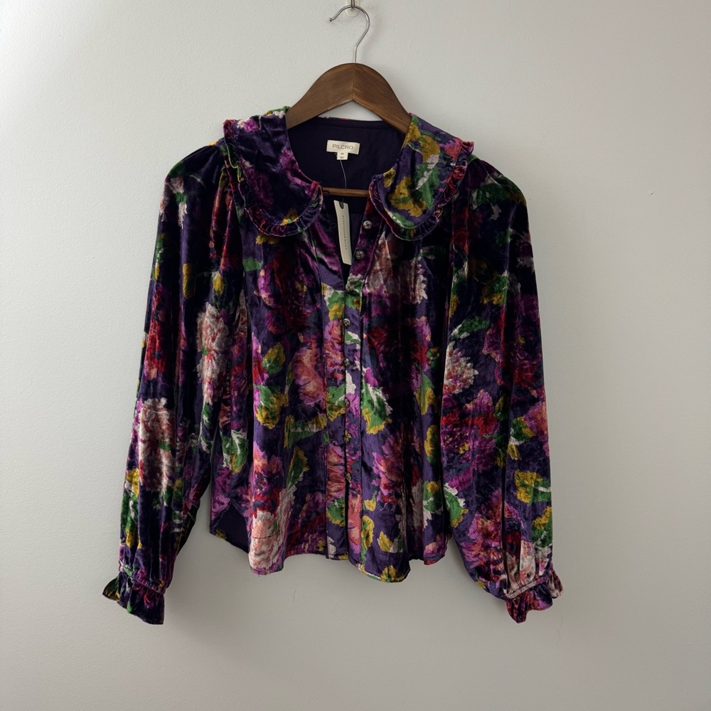 Pilcro Anthropologie Collared Button-Front Blouse Long-Sleeve Velvet Sz XS NWT